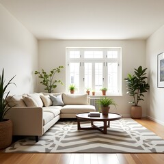 Fototapeta premium Bright and airy living room with sectional sofa and large window