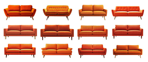 Orange upholstered sofas in various retro and modern designs isolated on white background. Mid-century style couches with wooden legs, textured fabric, and minimalist silhouettes.