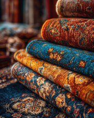 Fototapeta premium Apilamiento de alfombras persas con ricos colores y patrones intrincados.