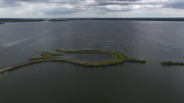 Aerial view of Tulip Island (Tulpeiland), an artificial tulip-shaped peninsula in Zeewolde
