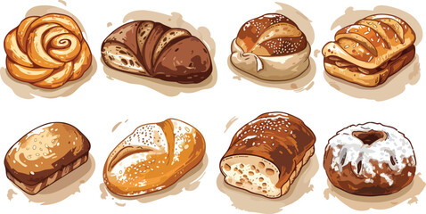 Assorted breads and pastries hand drawn illustration