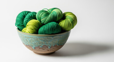 Artistic ceramic bowl filled with green yarn on a solid white background