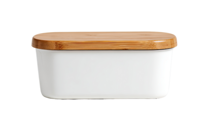 White ceramic butter dish with a bamboo lid
