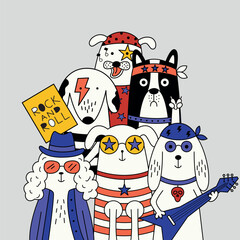 Cool dogs as a music band playing guitars, wearing bandanas, sunglasses, and fun accessories.