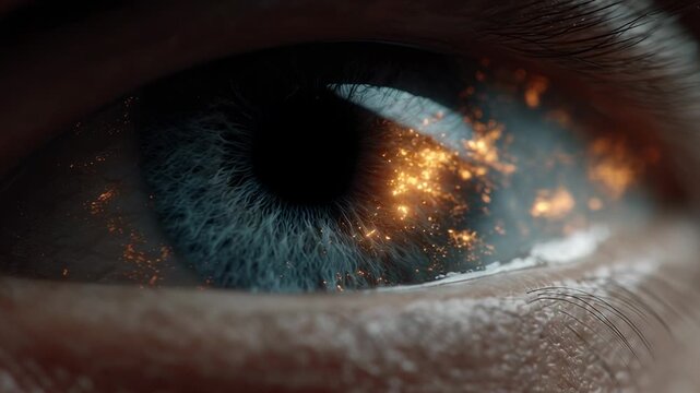 A close-up of a human eye demonstrates an imaginative depiction of an AI firewall. Bright sparks and glowing elements symbolize data security and protection in a futuristic context