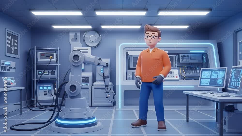 Poster futuristic lab worker interacting with robot arm