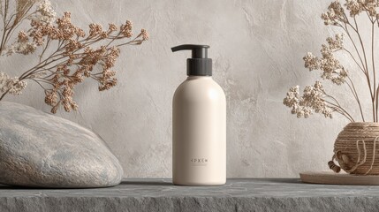 Elegant Cream Bottle Mockup with Natural Decor for Beauty or Cosmetic Product Display