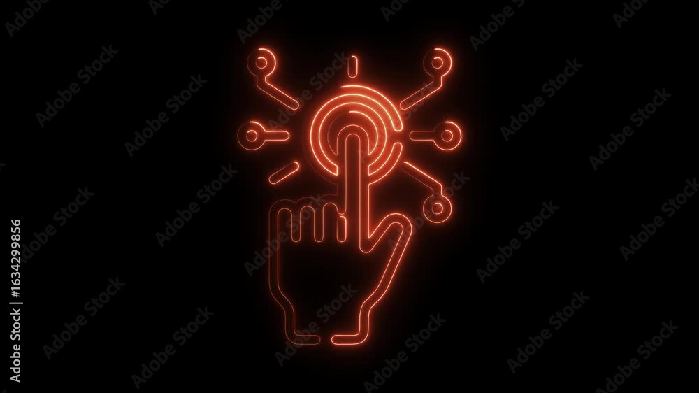 Poster neon hand touching digital interface futuristic technology concept glowing orange outline on black b