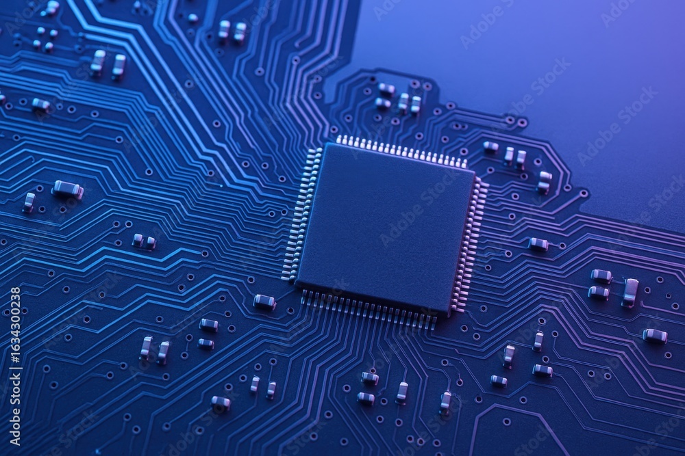 Poster advanced microchip processor on circuit board: high-tech component for modern electronics and comput