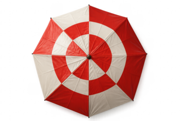 Red and white umbrella with concentric circles pattern on transparent background