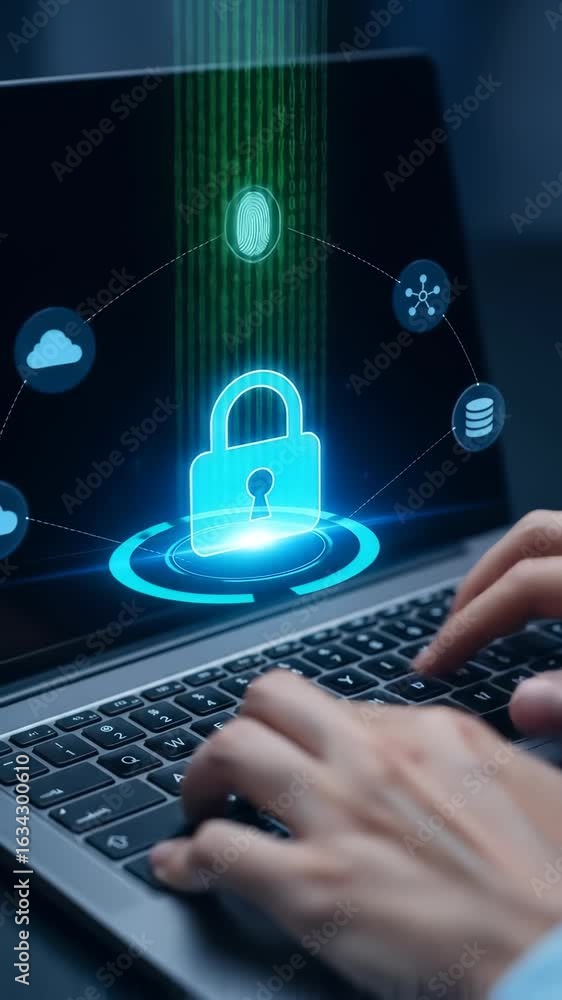 Poster cybersecurity concept with digital lock, fingerprint, cloud, and data icons showing secure access an