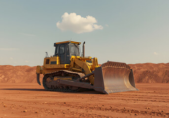 Large Bulldozer Working in a Desert-like Landscape with a Single Cloud