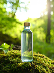 Artistic Photo of Transparent Mineral Water Bottle with Dreamy Light Refractions and Lush Green Background