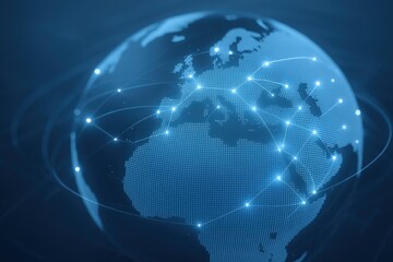 Fototapeta premium Global Network Connectivity: Abstract Earth Globe with Digital Connections and Data Transmission Visualization in Blue