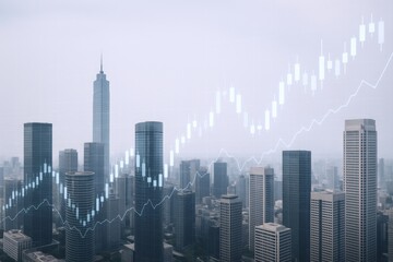 Obraz premium Cityscape Financial Growth: Upward Trend in Urban Economy, Stock Market Analysis with Buildings and Rising Graph