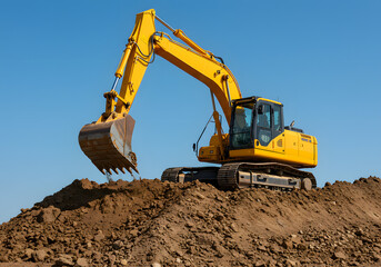Large Yellow Excavator on a Pile of Dirt against a Clear Blue Sky