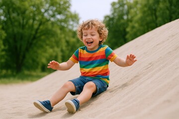 Excited Young Boy Sliding Down a Sand Dune, Experiencing Joyful Outdoor Adventure with Carefree Laughter