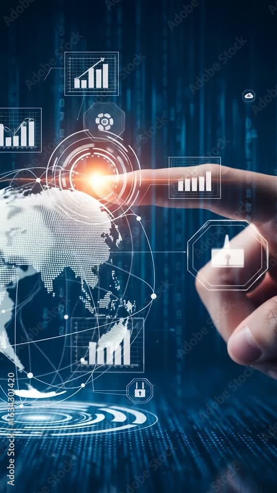 Poster futuristic technology digital interface data visualization business analytics global network innovat