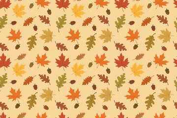 Seamless pattern of autumn maple and oak leaves and acorns. For wrapping, gift paper, backgrounds, banners, textile. Vector illustration in yellow, brown, olive, terracota tones on  yellow background.