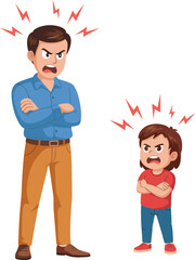 Angry cartoon father and child arguing, conflict between parent and kid, emotional tension, family disagreement, father-son relationship concept.