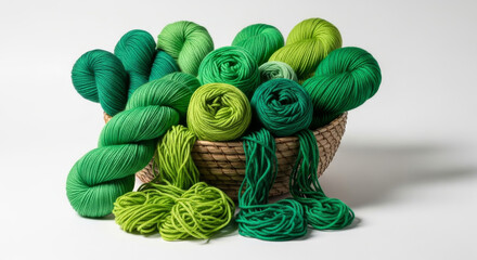 Basket full of green yarn on a solid white background, knitting crafting resource image