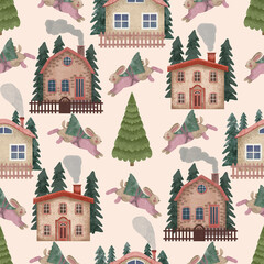 Fototapeta premium Seamless Christmas pattern with bunnies, houses and trees. Nice Christmas background, holiday print.