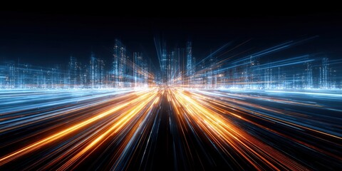 Obraz premium Futuristic Cityscape with Abstract Light Trails Representing High-Speed Connectivity and Modern Urban Technology