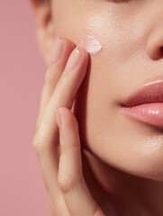 Fototapeta premium Skin-care Treatment Applied to Cheek With Fingers in an Abstract Beauty Setting With a Soft Pink Background