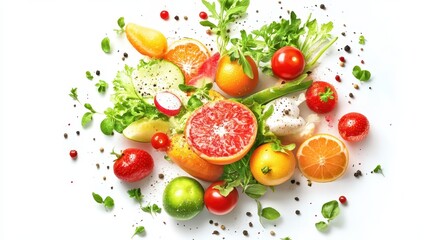 Vibrant Assortment of Fresh Fruits and Vegetables on White Background