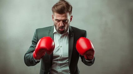 Dressed in a suit, a businessman holds boxing gloves in a fierce pose, symbolizing resilience and determination in a competitive corporate environment. - Powered by Adobe