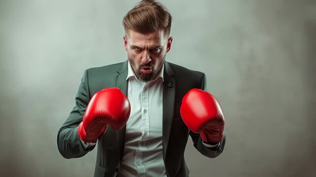 Dressed in a suit, a businessman holds boxing gloves in a fierce pose, symbolizing resilience and determination in a competitive corporate environment.