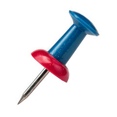 Blue and red thumbtack pushed into a surface