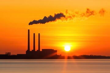 Industrial Silhouette at Sunset: A stark silhouette of an industrial plant stands against a fiery sunset, plumes of smoke rising into the colorful sky, symbolizing environmental concerns. 