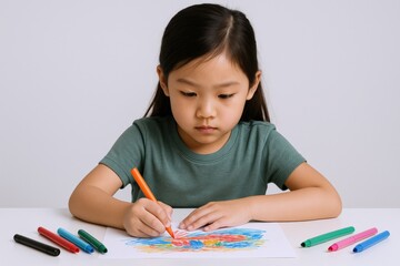 Focused Young Asian Girl Drawing with Markers, Creating Colorful Artwork on White Paper at Table
