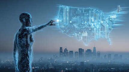 Digital United States Data Visualization: Futuristic Technology Interface over Cityscape for Innovation and Connectivity
