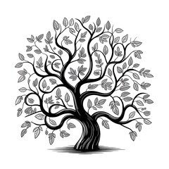 Obraz premium Monochrome Tree with Detailed Leaves and Branches A Symbolic Representation of Growth and Interconnectedness in Elegant Simplicity