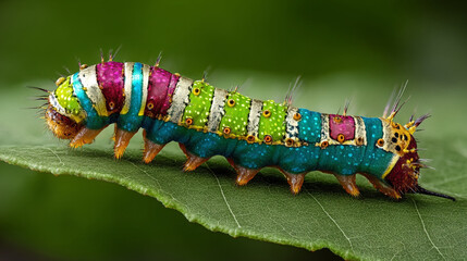 A colorful caterpillar crawling on a green leaf with detailed patterns and vibrant colors in nature