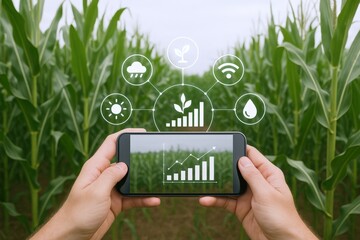Hands holding smartphone in corn field displaying agricultural data analysis for precision farming and modern agriculture