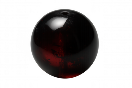 Glossy obsidian orb reflecting crimson highlights, floating against transparent backdrop for digital design or luxury branding