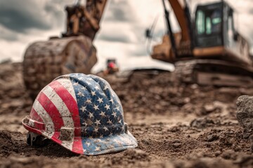 Worn American flag safety helmet in sunlit construction site, symbolizing patriotism and labor dedication with textured surface and industrial equipment background.