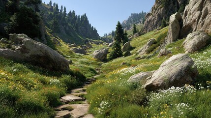 A stone path winds through a vibrant, sunlit mountain valley, lush with wildflowers, grass, and rocky slopes