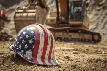 Worn American flag safety helmet in sunlit construction site, symbolizing patriotism and labor dedication with textured surface and industrial equipment background.