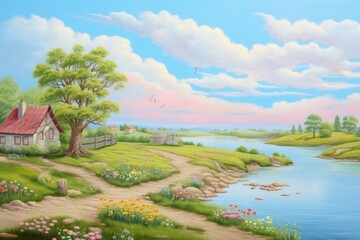 Fototapeta premium Landscape of summer painting architecture outdoors.