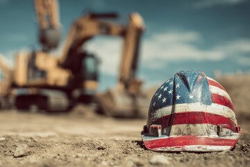 Dirty hard hat with American flag on construction site, excavator in background. Labor, safety, work concepts.