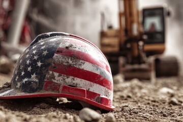 Dirty hard hat with American flag on construction site, excavator in background. Labor, safety, work concepts.