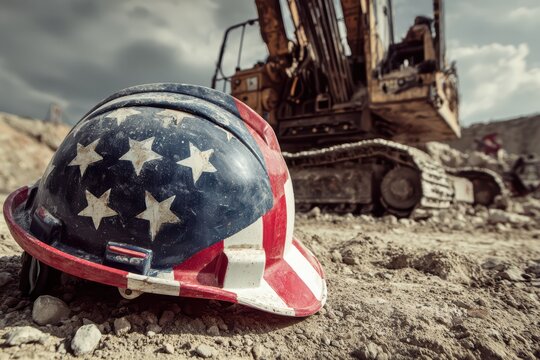 Worn American flag safety helmet in sunlit construction site, symbolizing patriotism and labor dedication with textured surface and industrial equipment background.