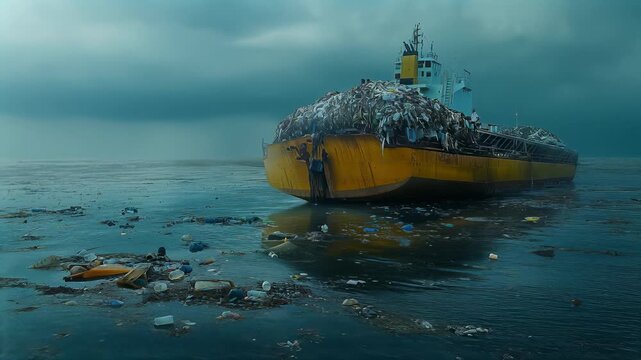 A ship laden with garbage floats in a polluted ocean, starkly highlighting the environmental crisis and call for awareness regarding ocean health and sustainability.
