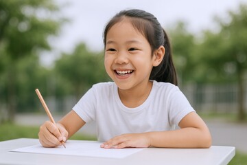 Happy Asian Girl Writing Outdoors with Pencil, Smiling and Enjoying Learning and Creative Activities