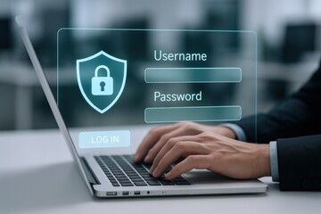 Cybersecurity Login on Laptop: Man Typing Username and Password for Account Access