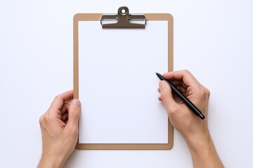 Top-Down View: Hands Holding Pen Ready to Write on a Blank Clipboard, Isolated on White